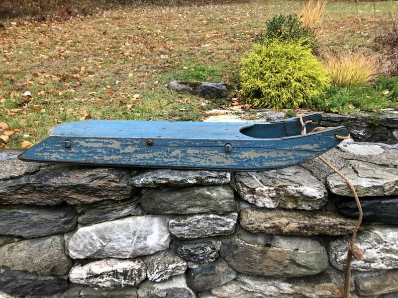 EARLY SLED IN OLDER BLUE PAINT, FROM COLUMBIA COUNTY: EARLY SLED IN OLDER BLUE PAINT, FROM COLUMBIA COUNTY ESTATE, MEASURES 41.5" X 11.5".