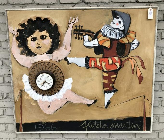 FLETCHER MARTIN MIXED MEDIA PAINTING, DIRECTLY FROM: FLETCHER MARTIN MIXED MEDIA PAINTING, DIRECTLY FROM WOODSTOCK, N.Y. ESTATE, DATED 1966, WONDERFUL WHIMSICAL PAINTING. IN FRAME OF THE PERIOD, PAINTING MEASURES 42" X 48". FRESH TO THE MARKET.