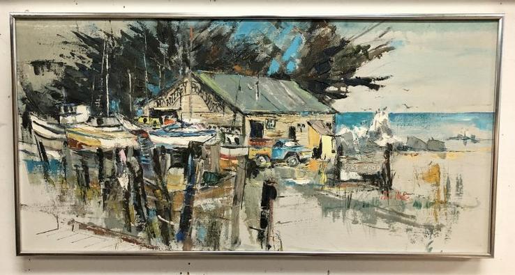 JUNE WALTON O/C TITLED DUSTY CYPRESS SPARKLING BAY,: JUNE WALTON O/C TITLED DUSTY CYPRESS SPARKLING BAY, DATED NOV. 5, 1976. FROM ESTATE OF GEORGE AND MILLIE SCHAEFER, GEORGE WAS A LEGENDARY FILM AND THEATER DIRECTOR. PAINTING MEASURES 14" X 30". IN VER