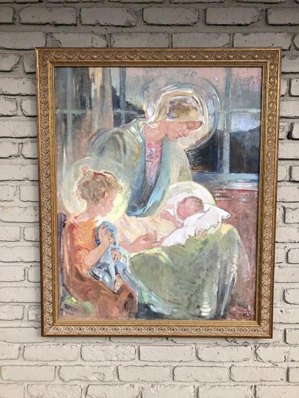 MARGARET ELY WEBB (1877-1965) O/C & TEMPERA TITLED (A: MARGARET ELY WEBB (1877-1965) O/C & TEMPERA TITLED (A MODERN MADONNA), WITH EXHIBITION LABEL ON BACK FROM MOTHERHOOD IN ART, NINTH ANNUAL MADONNA FESTIVAL AND RELIGIOUS ART EXHIBIT, MAY 2ND TO MAY 9TH