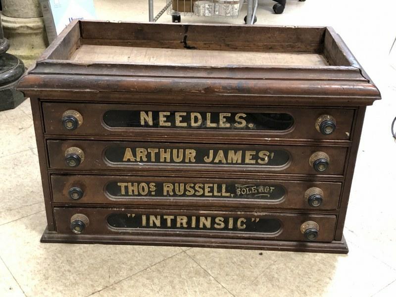 AS FOUND ARTHUR JAMES 4 DRAWER WALNUT SPOOL CABINET,: AS FOUND ARTHUR JAMES 4 DRAWER WALNUT SPOOL CABINET, FOUND IN OLD FARMHOUSE IN MARLBORO, NEW YORK, THE GLASS DRAWER FRONTS ARE INTACT, MISSING ONE DRAWER BOTTOM (PARTS ARE IN THE TOP), MISSING BACK, A