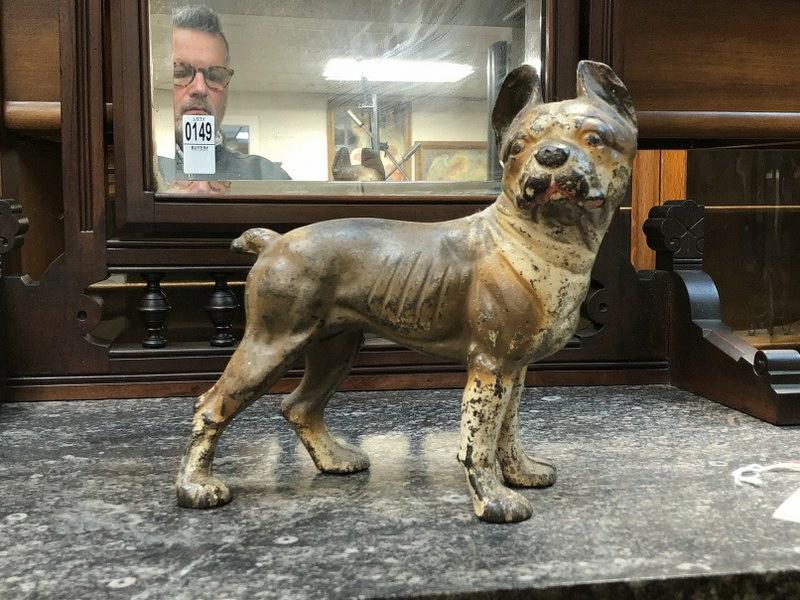 OLD CAST IRON BOSTON TERRIER DOORSTOP, ORIGINAL PAINT,: OLD CAST IRON BOSTON TERRIER DOORSTOP, ORIGINAL PAINT, WITH AGE WEAR, FROM HUDSON VALLEY ESTATE. MEASURES 9" LONG X 9.25" HIGH.