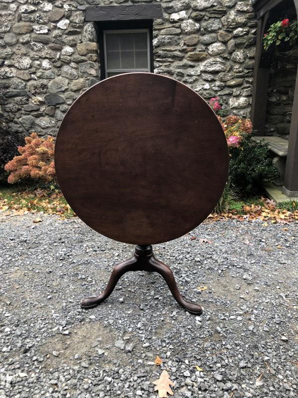 GEORGE III MAHOGANY TILT TOP BIRDCAGE TEA TABLE,: GEORGE III MAHOGANY TILT TOP BIRDCAGE TEA TABLE, ENGLISH, LATE 18TH C. FROM COLUMBIA COUNTY, N.Y. ESTATE, MEASURES 33" ACROSS THE TOP, STRUCTURALLY SOUND.