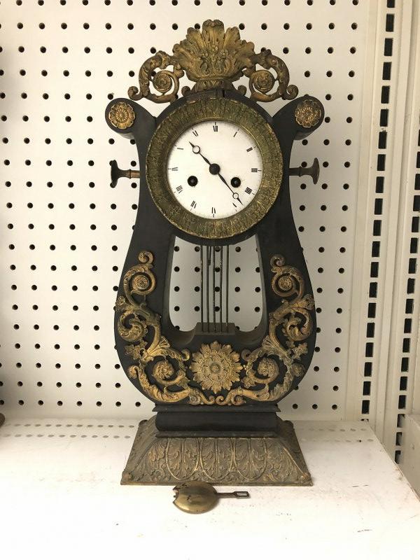LYRE SHAPED MANTEL CLOCK, AS IS CONDITION, MOVEMENT IS: LYRE SHAPED MANTEL CLOCK, AS IS CONDITION, MOVEMENT IS OUT AND AS IS, CLOCK MEASURES 17.25" HIGH. NICE DECORATIVE BRASS TRIM. DIAL HAS HAIRLINES