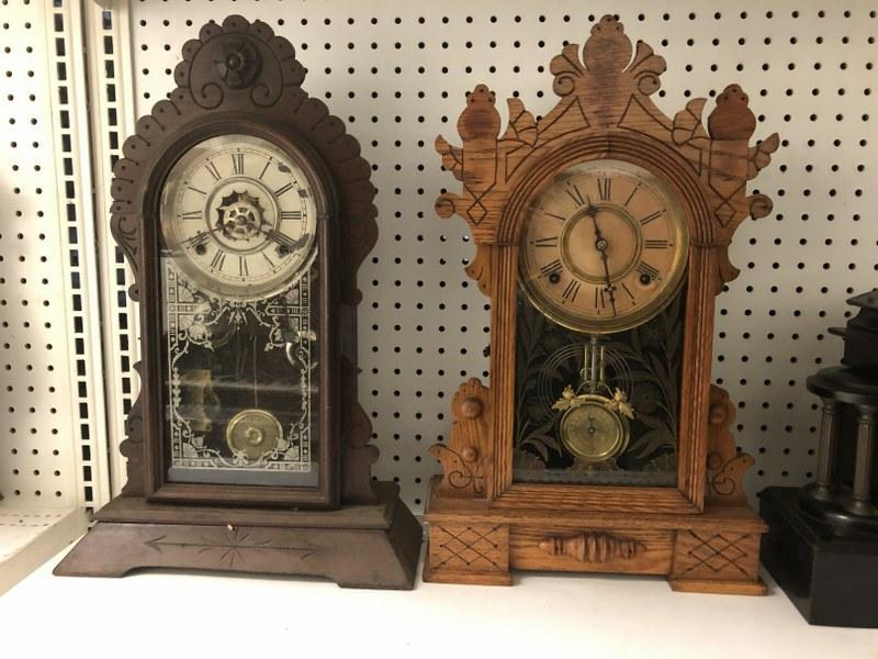 (2) VICTORIAN MANTEL CLOCKS, ONE OAK, ONE WALNUT,: (2) VICTORIAN MANTEL CLOCKS, ONE OAK, ONE WALNUT, BOTH WITH KEYS AND PENDULUMS, FROM CLOCK REPAIRMAN'S SHOP, WERE RUNNING.