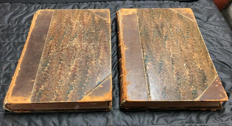 (2) VOL. THE STAGE AND ITS STARS PAST AND PRESENT,: (2) VOL. THE STAGE AND ITS STARS PAST AND PRESENT, LARGE LEATHER BOUND & MARBLE PAPER VOLUMES, NO COPYRIGHT DATE, WEAR TO LEATHER SPINES AND MARBLE PAPER BOARDS, BOOKS INTACT. BOOKS MEASURE 17" X 12".