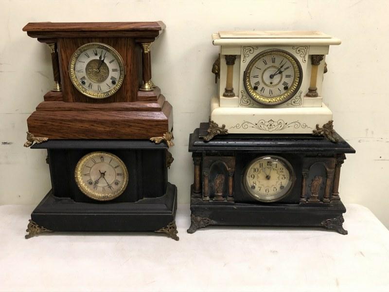 (4) VICTORIAN ERA MANTEL CLOCKS INCL. SESSIONS WITH: (4) VICTORIAN ERA MANTEL CLOCKS INCL. SESSIONS WITH COLUMNS AND FIGURES (WITH PENDULUM & KEY-RUNNING), BLACK BODY WITH LIONS ON SIDES ( WATERBURY, RUNNING, PENDULUM, AND KEY), OAK GILBERT WITH COLUMNS