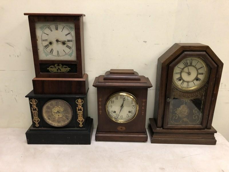 (4) MANTEL CLOCKS INCL. OAK WATERBURY COMPLETE,: (4) MANTEL CLOCKS INCL. OAK WATERBURY COMPLETE, MAHOGANY NEW HAVEN (NO BACK, NO KEY, HAS INLAY ON FRONT), E N WELCH ROSEWOOD CASE,( PENDULUM, NO KEY) AND F. KROEBER IRON CLOCK ( MOVEMENT RUNNING, HAS 