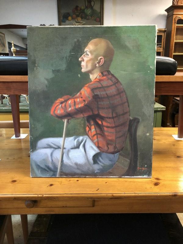 1950'S O/C PORTRAIT OF BALD GENTLEMAN, SIGNED LOWER: 1950'S O/C PORTRAIT OF BALD GENTLEMAN, SIGNED LOWER RIGHT (GEIGER). FROM HUDSON VALLEY HOME, PAINTING MEASURES 24" X 20", NICE CONDITION.