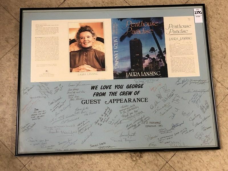 FRAMED LAURA LANSING PENTHOUSE PARADISE PRESENTATION: FRAMED LAURA LANSING PENTHOUSE PARADISE PRESENTATION FRAMED MEMENTO, SIGNED BY START KATHERINE HEPBURN, CAST AND CREW, TO LEGENDARY DIRECTOR GEORGE SCHAEFER, FROM ESTATE OF GEORGE AND MILLIE SCHAEFER.