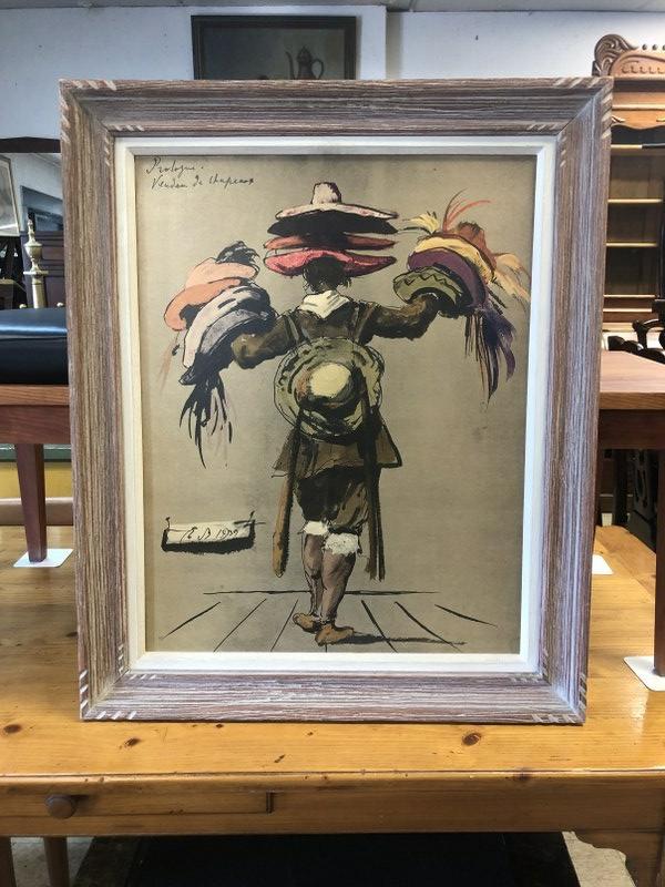 EUGENE BERMAN 1950'S PRINT ON MASONITE OF HAT VENDOR,: EUGENE BERMAN 1950'S PRINT ON MASONITE OF HAT VENDOR, IN FRAME OF THE PERIOD. MEASURES 26" X 20", FROM ESTATE OF GEORGE AND MILLIE SCHAEFER, LEGENDARY FILM AND THEATER DIRECTOR.