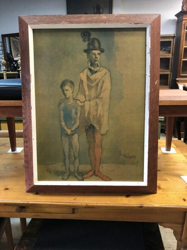 PICASSO 1950'S PRINT TWO HARLEQUINS, ON MASONITE. IN: PICASSO 1950'S PRINT TWO HARLEQUINS, ON MASONITE. IN CHESTNUT FRAME, OF THE PERIOD. MEASURES 25" X 31", FROM THE ESTATE OF GEORGE AND MILLIE SCHAEFER, GEORGE WAS A LEGENDARY FILM AND THEATER DIRECTOR.