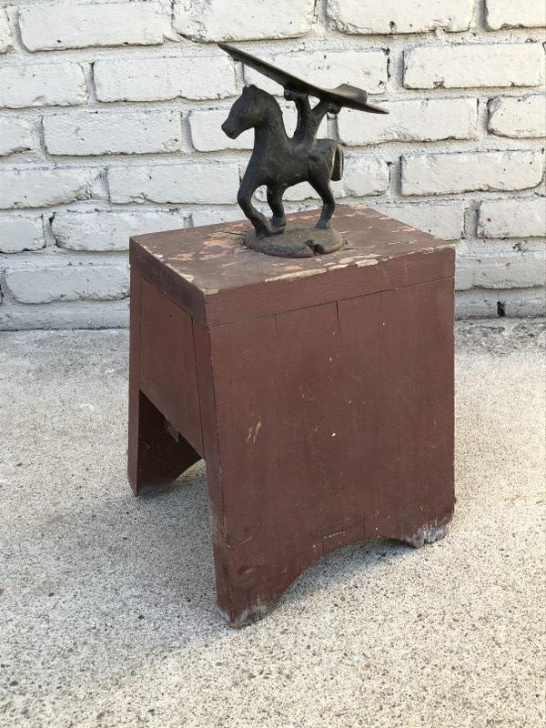 CIRCA 1900 SHOE SHINE BOX, WITH CAST IRON FIGURAL: CIRCA 1900 SHOE SHINE BOX, WITH CAST IRON FIGURAL HORSE, HAS ONE DRAWER, WITH ACCESSORIES, MEASURES 18.5" HIGH TO TOP OF FOOT REST. FROM ULSTER COUNTY ESTATE.