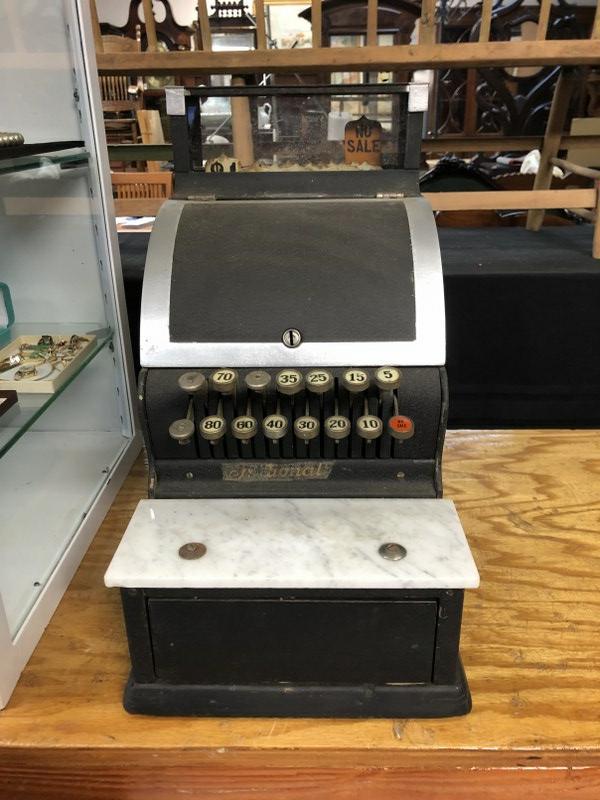 SMALL SIZE OLD NATIONAL CASH REGISTER, REPAINTED IN: SMALL SIZE OLD NATIONAL CASH REGISTER, REPAINTED IN BLACK, BARBER SHOP SIZE, MEASURES 17" HIGH, WORKING, MODEL 711, SERIAL NUMBER 2554553.