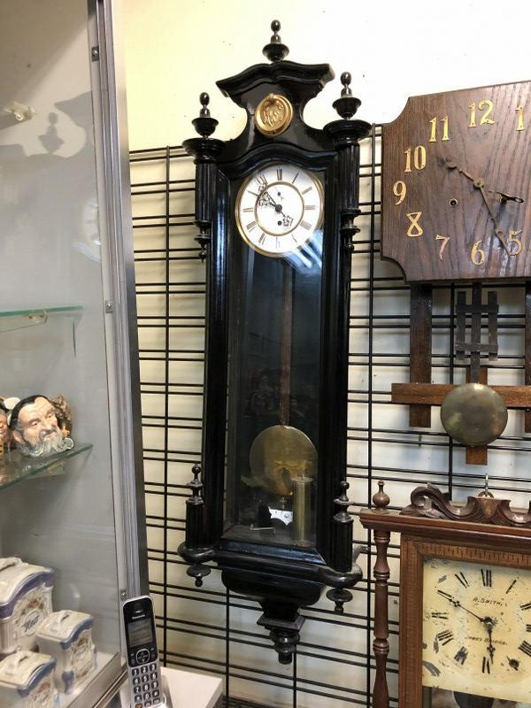 TURN OF CENTURY 49.5" HIGH WALL CLOCK, WITH ONE WEIGHT,: TURN OF CENTURY 49.5" HIGH WALL CLOCK, WITH ONE WEIGHT, PENDULUM AND KEY, REPAINTED BLACK, FROM SHOP OF OLD TIME CLOCK REPAIRMAN, WHO DID IT AS A SIDE LINE.