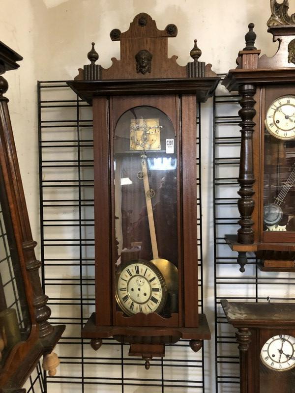 48" HIGH EARLY WALL CLOCK, WEIGHT DRIVEN, AS PICTURED,: 48" HIGH EARLY WALL CLOCK, WEIGHT DRIVEN, AS PICTURED, FACE OFF, AS PICTURED, WALNUT, FROM SHOP OF OLD TIME CLOCK REPAIRMAN, WHO DID IT AS A SIDE LINE.