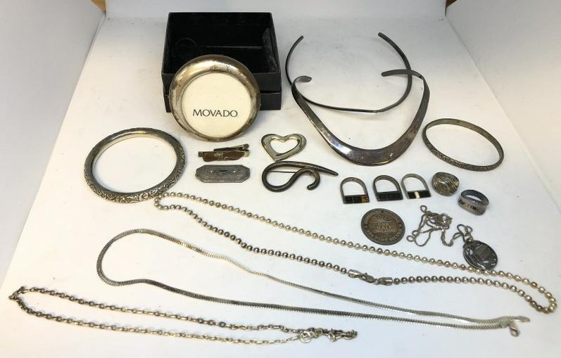 STERLING SILVER MISC. ESTATE LOT, JEWELRY, MOVADO: STERLING SILVER MISC. ESTATE LOT, JEWELRY, MOVADO FRAME, ETC.