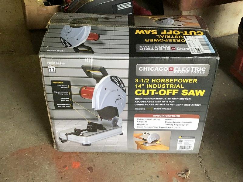 CHICAGO ELECTRIC 3.5 H.P. INDUSTRIAL CUT OFF SAW STILL: CHICAGO ELECTRIC 3.5 H.P. INDUSTRIAL CUT OFF SAW STILL IN BOX. THIS IS SOLD ONSITE, AT ESTATE IN KINGSTON, N.Y. TO PREVIEW, THIS TUESDAY THROUGH THURSDAY FROM 9AM - 3 PM, SOMEONE WILL BE THERE, 616 CR