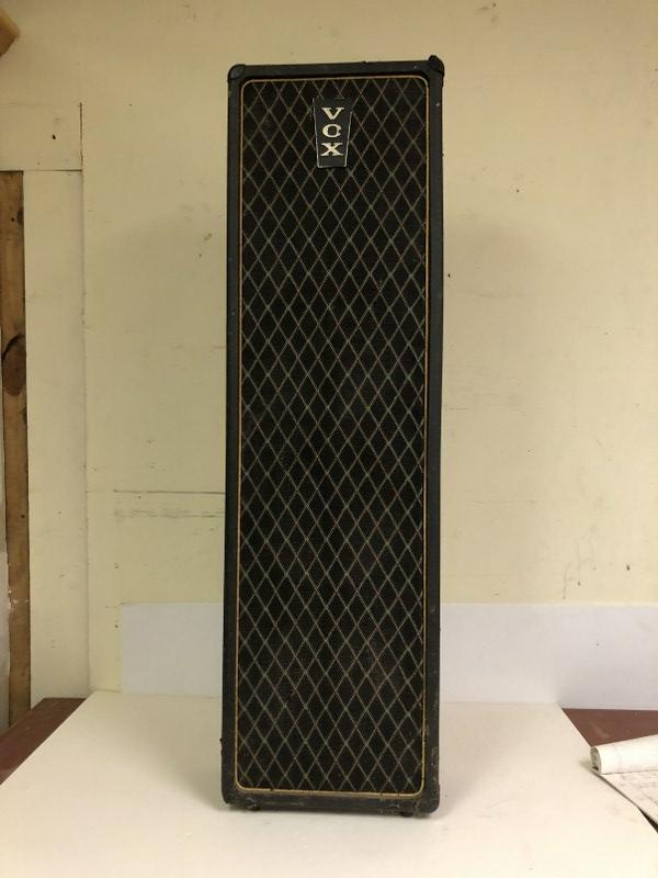 VOX VINTAGE 45" HIGH STUDIO SPEAKER, NO CORD, SOME: VOX VINTAGE 45" HIGH STUDIO SPEAKER, NO CORD, SOME SCUFFING ON BODY. ALL THIS RECORDING EQIUIPMENT WE ARE SELLING, IS FROM AN OLDER RECORDING STUDIO, OUTSIDE OF WOODSTOCK, NEW YORK. HE WORKED IN THE L