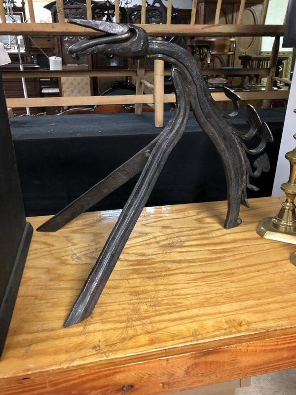 FOLKY IRON HANDMADE DRAGON, FROM PORT CHESTER, N.Y.: FOLKY IRON HANDMADE DRAGON, FROM PORT CHESTER, N.Y. ESTATE, UNSURE OF ORIGIN, MEASURES 18" HIGH X 23" HEAD TO TAIL.