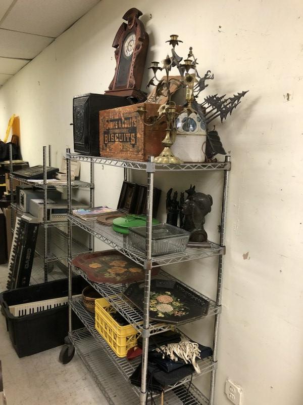ESTATE CART LOT, GOOD FOR A DEALER TO SORT OUT,: ESTATE CART LOT, GOOD FOR A DEALER TO SORT OUT, VICTORIAN MANTEL CLOCK, BRASS CANDELABRA, MAMIYA CAMERA, DANSK POT, PURSES, OLD TIN BOX, STATUES, ETC.
