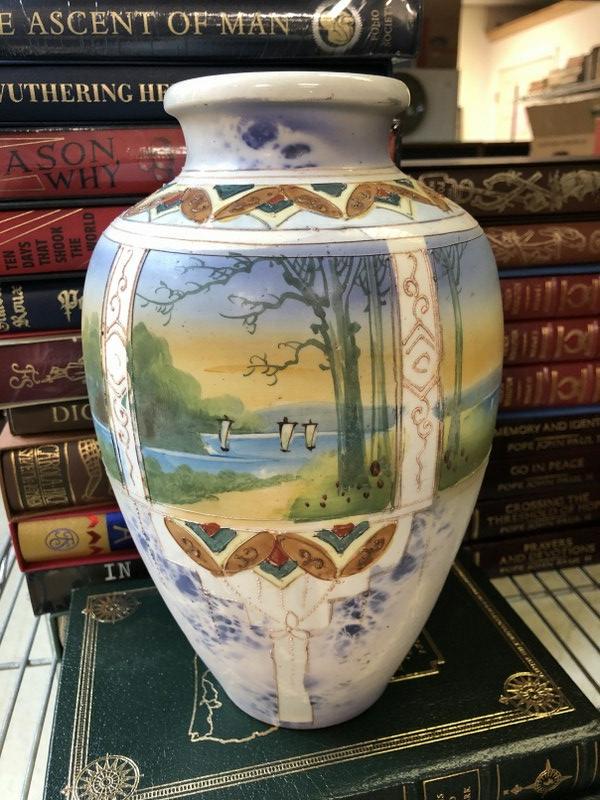 NIPPON HAND PAINTED SCENIC VASE WITH SAILBOATS, GOOD: NIPPON HAND PAINTED SCENIC VASE WITH SAILBOATS, GOOD ESTATE CONDITION. MEASURES 11" HIGH, I SEE NO DAMAGE OR REPAIRS.