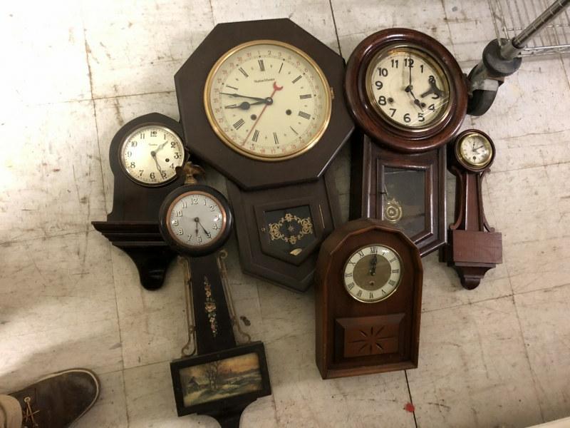 (6) WALL CLOCKS, AS PICTURED, FROM OLD TIME CLOCK: (6) WALL CLOCKS, AS PICTURED, FROM OLD TIME CLOCK REPAIRMAN;S SHOP.