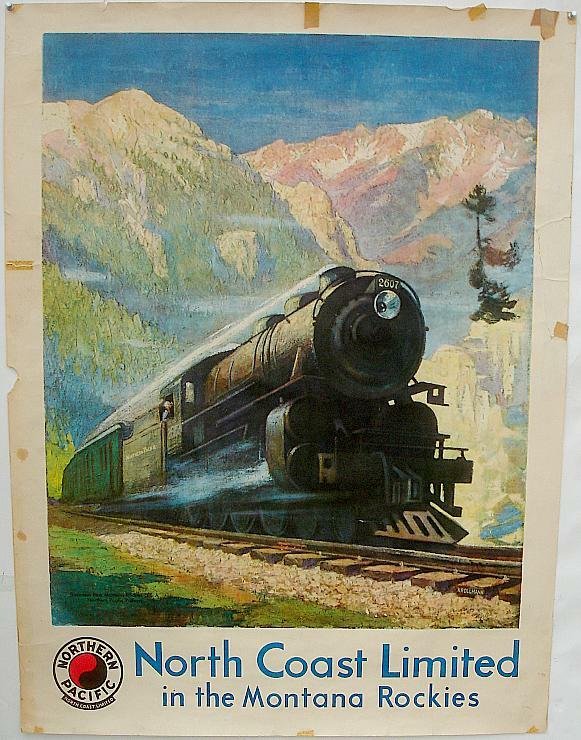 NORTHERN PACIFIC NORTH COAST LIMITED IN THE MONTAN: NORTHERN PACIFIC NORTH COAST LIMITED IN THE MONTANA ROCKIES POSTER, MEASURES 40" X 30", ARTIST IS KROLLMANN, PICTURED IS BOZZMAN PASS, MONTANA ROCKIES, OLD TAPE AND SOME TEARS ON BORDERS