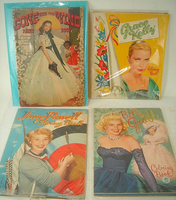 LOT OF EARLY COLORING AND PAINT BOOKS, INCLUDING 1: LOT OF EARLY COLORING AND PAINT BOOKS, INCLUDING 1 GONE WITH THE WIND PAINT BOOK, BETTY GRABLE, JANE POWELL, AND GRACE KELLY COLORING BOOKS, SOME PAGES COLORED IN ALL