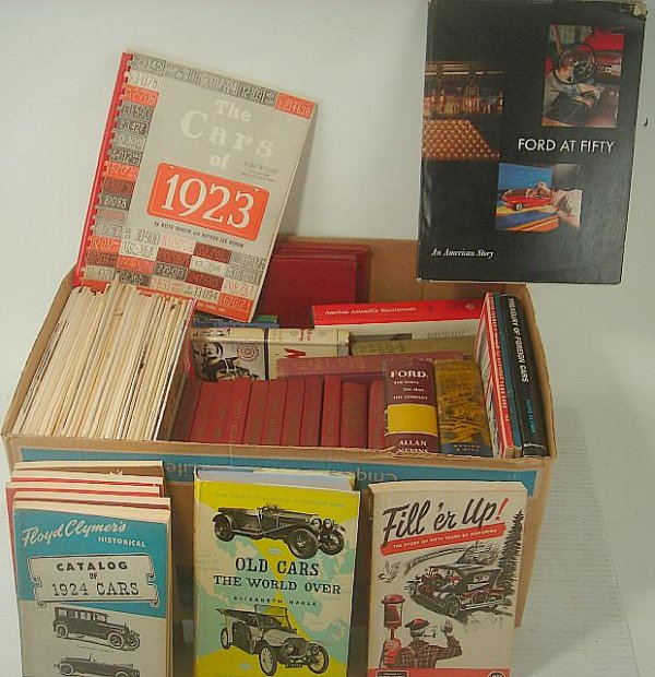 BOXLOT AUTOMOBILE CATALOGS AND BOOKS INCLUDING HEN: BOXLOT AUTOMOBILE CATALOGS AND BOOKS INCLUDING HENRY FORD HIS LIFE HIS WORK HIS GENIUS, 1943, FLOYD CLYMER'S HISTORICAL MOTOR SCRAPBOOK, FLOYD CLYMER'S HISTORICAL CATALOG OF CARS EARLY 1900'S, MANY BO