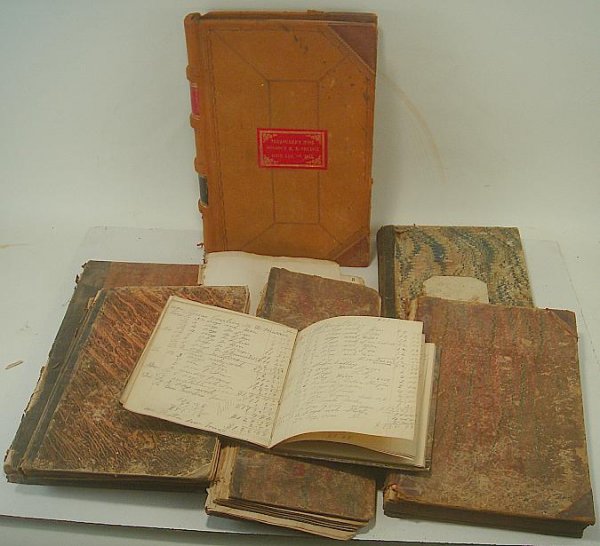BOX OF EARLY LEDGERS INCLUDING TREASURER'S BOOK,: BOX OF EARLY LEDGERS INCLUDING TREASURER'S BOOK, RONDOUT M E CHURCH, FROM JAN 1,1875; ONE FROM MARBLETOWN; 2 HAVE CHECKER STRATEGIES PASTED ON PAGES, ONE FROM HURLEY, AND OTHERS AS PICTURED, COVERS OF