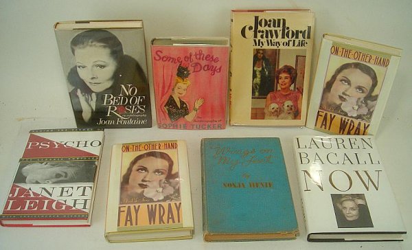 8 EARLY SIGNED ACTRESS BOOKS INCLUDING JOAN FONTAINE: 8 EARLY SIGNED ACTRESS BOOKS INCLUDING JOAN FONTAINE, SOPHIE TUCKER, JOAN CRAWFORD, 2 FAY WRAY, JANET LEIGH, LAUREN BACALL AND SONJA HENIE, TITLED AS PICTURED