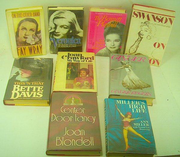 9 EARLY SIGNED ACTRESS BOOKS INCLUDING ANN MILLER: 9 EARLY SIGNED ACTRESS BOOKS INCLUDING ANN MILLER, JOAN BLONDELL, GINGER ROGERS, JOAN CRAWFORD, BETTE DAVIS, GLORIA SWANSON, FAY WRAY, JOAN BENNETT AND VERONICA LAKE, TITLED AS PICTURED