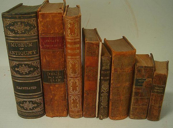 BOXLOT OLDER BOOKS INCLUDING SENATE DOCUMENTS: BOXLOT OLDER BOOKS INCLUDING SENATE DOCUMENTS, PILGRIMS PROGRESS, MUSEUM OF ANTIQUITY, SHAKESPEARE, THE SPECTATOR, PILGRIM IN VERSE, 2 HYMNALS, 1840'S -1880'S, SOME HAVE COVERS LOOSE, ONE IS OFF BUT T