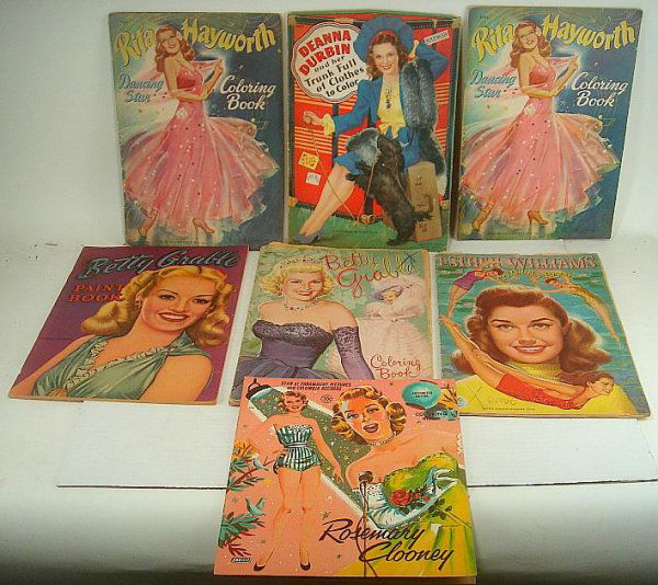 7 OLDER MOVIE STAR COLORING BOOKS BETTY GRABLE: 7 OLDER MOVIE STAR COLORING BOOKS BETTY GRABLE, RITA HAYWORTH AND OTHERS PICTURED. SOME HAVE BEEN COLORED IN.