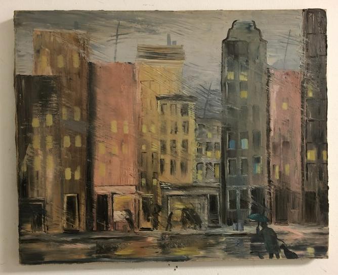 ALTHEA SPALDING ODELL (1921-2001) O/C STREET SCENE WITH: ALTHEA SPALDING ODELL (1921-2001) O/C STREET SCENE WITH RAIN, CIRCA 1950'S OR SO, UNSIGNED, MEASURES 17" X 21". BORN IN CANADA, ODELL WAS A GRADUATE OF PRATT INSTITUTE AND COLUMBIA UNIVERSITY, WHERE S