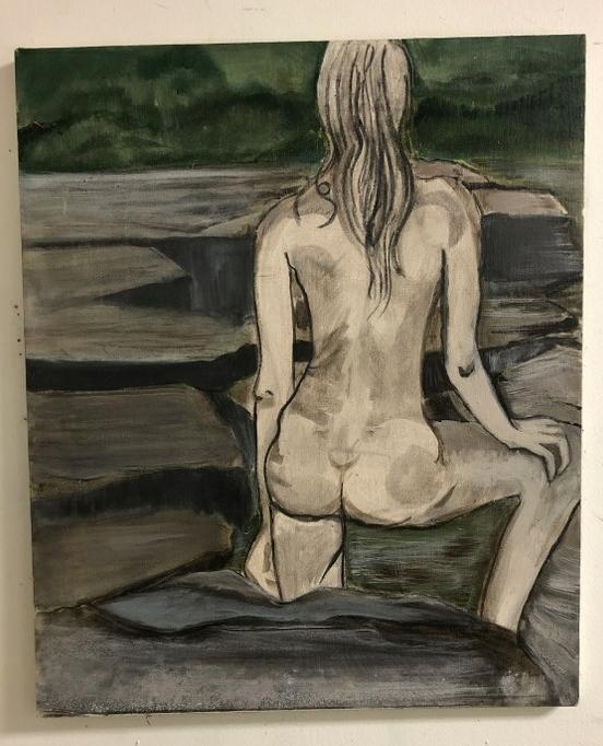 ALTHEA SPALDING ODELL (1921-2001) O/C NUDE FEMALE, BACK: ALTHEA SPALDING ODELL (1921-2001) O/C NUDE FEMALE, BACK VIEW, IN STREAM, CIRCA 1960'S, UNSIGNED, PAINTING MEASURES 24" X 20". BORN IN CANADA, ODELL WAS A GRADUATE OF PRATT INSTITUTE AND COLUMBIA UNIVE