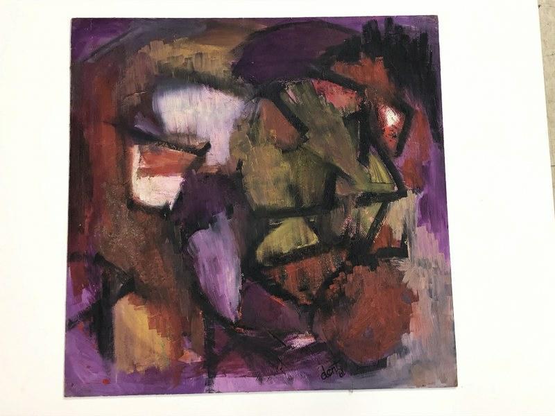 MID CENTURY ABSTRACT O/B SIGNED DENT 1961, ON MASONITE,: MID CENTURY ABSTRACT O/B SIGNED DENT 1961, ON MASONITE, PAINTING MEASURES 24" X 24". FROM THE ARTIST'S ESTATE OF ALTHEA SPALDING ODELL (1921-2001). IN NICE CONDITION. A FEW PAINTINGS IN HER ESTATE BY