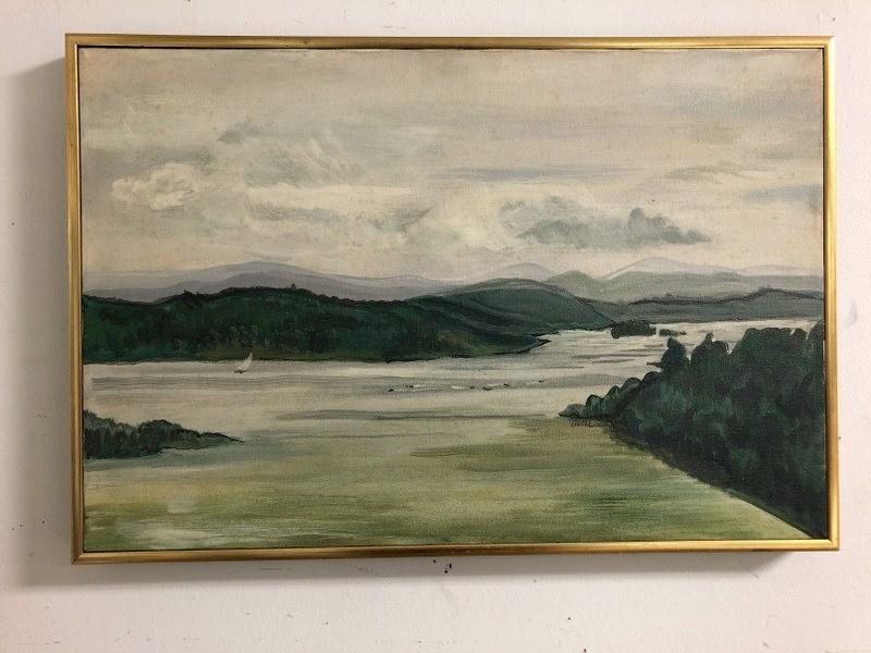 O/C HUDSON RIVER LANDSCAPE CIRCA 1950'S SIGNED DENT,: O/C HUDSON RIVER LANDSCAPE CIRCA 1950'S SIGNED DENT, PAINTING MEASURES 16" X 24". BORN IN CANADA, ODELL WAS A GRADUATE OF PRATT INSTITUTE AND COLUMBIA UNIVERSITY, WHERE SHE OBTAINED A MASTERS DEGREE I