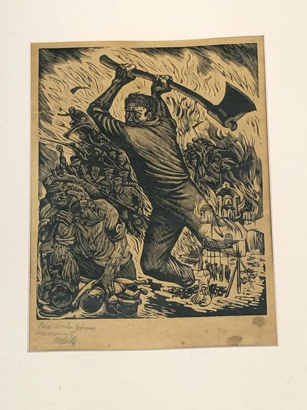 LEOPOLDO MENDEZ 1942 WOOD CUT - PORTISANS RISE AGAINST: LEOPOLDO MENDEZ 1942 WOOD CUT - PORTISANS RISE AGAINST HITLER AND MUSSOLINI. PENCIL SIGNED LOWER LEFT, AS PICTURED. PRINT MEASURES 12" X 9". 2 STAINS IN BOTTOM RIGHT BORDER. FROM ESTATE OF DOROTHY COR