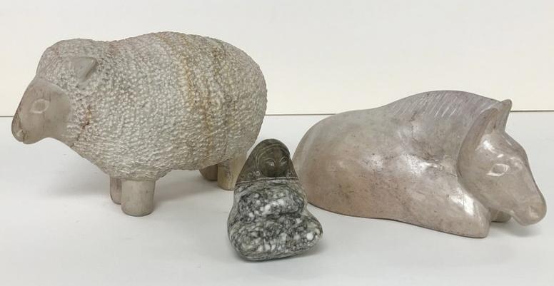 (3) CARVED STONE ANIMALS & FIGURE, (2) LARGER ONES HAVE: (3) CARVED STONE ANIMALS & FIGURE, (2) LARGER ONES HAVE STICKER ( MADE IN KENYA ) AND UNSURE OF ORIGIN OF SEATED FIGURE. SHEEP MEASURES 7.5" LONG, HORSE IS 7" , AND SEATED FIGURE IS 2 7/8" HIGH. IN GO
