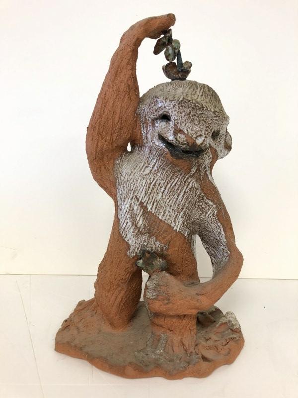 HILDA HORTENS (WOODSTOCK, N.Y. ) TERRA COTTA FIGURAL: HILDA HORTENS (WOODSTOCK, N.Y. ) TERRA COTTA FIGURAL MONKEY, CIRCA 1950'S OR SO, HER MARK ON BASE, MEASURES 16" HIGH. (SMALL PIECE OF FLOWER PEDAL OFF ON TOP OF HEAD. FROM HUDSON VALLEY HOME.