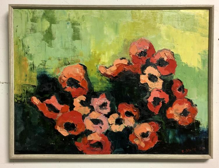 EVELYNE DAITZ (1936-2019) MID CENTURY O/C IMPRESSIONIST: EVELYNE DAITZ (1936-2019) MID CENTURY O/C IMPRESSIONIST STILL LIFE TITLED RED ANEMONES, IN FRAME OF THE PERIOD. PAINTING MEASURES 18" X 24". EVELYNE DAITZ (1936-2019) WAS A SWISS BORN AMERICAN ART DEA