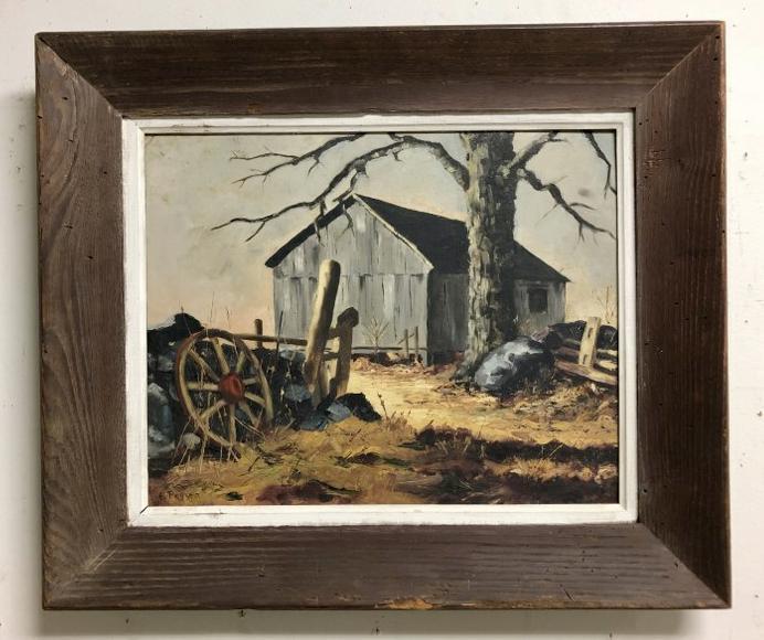 E. PEYSER O/B LANDSCAPE WITH BARN AND WAGON WHEEL BY: E. PEYSER O/B LANDSCAPE WITH BARN AND WAGON WHEEL BY FENCE, CIRCA 1950'S, PAINTING MEASURES 16"X 20", IN PERIOD CHESTNUT FRAME. FROM NEW PALTZ, N.Y. ESTATE, WHERE WE ARE SELLING 7 PAINTINGS FROM SAME 