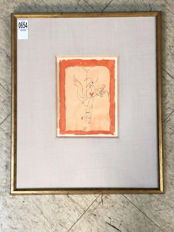 PAUL KLEE PRINT (?) HAND EMBELLISHED (?) TITLED ON: PAUL KLEE PRINT (?) HAND EMBELLISHED (?) TITLED ON BACK (VALENTINE, WITH 1960'S OLD PRICE OF $95. AND INVENTORY NUMBER A-206). BEAUTIFULLY FRAMED AND LINEN MATTED. PRINT MEASURES 8.5" X 6.5". FRAME SI