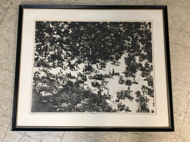 GERSON LEIBER (1921-2018) ETCHING TITLED ( THE BEACH): GERSON LEIBER (1921-2018) ETCHING TITLED ( THE BEACH) 3-35, SIGNED LOWER RIGHT AND DATED 1965. IN BLACK WOOD FRAME OF THE PERIOD AND MATTED. PRINT MEASURES 22" X 28", FRAME SIZE 30" X 36". FROM EVELYN