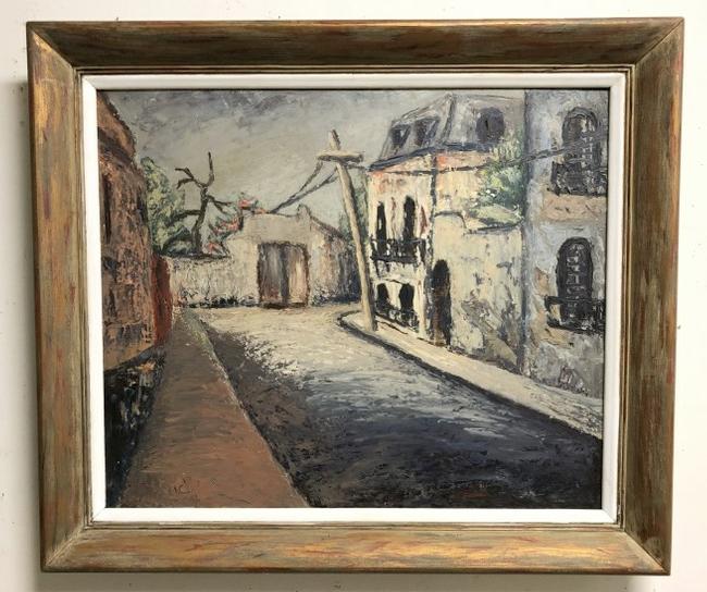MID CENTURY IMPRESSIONIST O/B STREET SCENE SIGNED: MID CENTURY IMPRESSIONIST O/B STREET SCENE SIGNED DAVID, DATED 0CT. 1954. IN FRAME OF THE PERIOD, PAINTING MEASURES 20" X 24". FROM NEW PALTZ, N.Y. ESTATE, WHERE WE ARE SELLING 7 PAINTINGS FROM SAME M