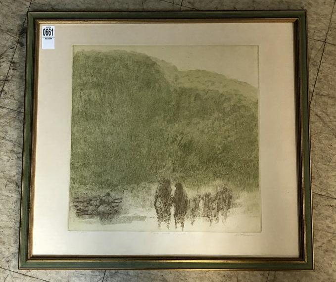 HAROLD ALTMAN (1924-2003) INTAGLIO PRINT TITLED ( PARK: HAROLD ALTMAN (1924-2003) INTAGLIO PRINT TITLED ( PARK WITH FIGURE II ), ARTIST PROOF, SIGNED LOWER RIGHT, NICELY FRAMED, PRINT MEASURES 15" X 15", FRAME SIZE 20.25" X 22.5". FROM EVELYNE DAITZ ESTATE