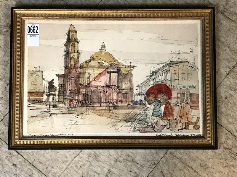 JEAN FABER LIMBERT ( FRENCH 20TH C ), WATERCOLOR: JEAN FABER LIMBERT ( FRENCH 20TH C ), WATERCOLOR COLONIAL SQUARE MEXICO, NICE GOLD FRAME, PAINTING MEASURES 10" X 15". FROM EVELYNE DAITZ ESTATE - EVELYNE DAITZ (1936-2019) WAS A SWISS BORN AMERICAN A