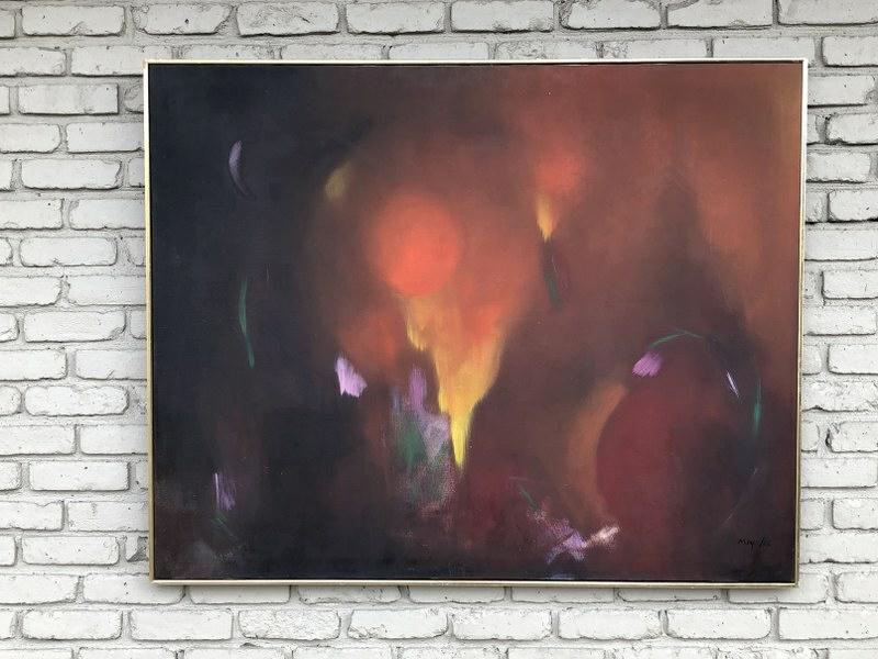 MID CENTURY ABSTRACT O/C SIGNED MAYA ( DATED 1966 ),: MID CENTURY ABSTRACT O/C SIGNED MAYA ( DATED 1966 ), FROM INTERIOR DECORATOR'S COLLECTION. IN VERY NICE CONDITION, IN FRAME OF THE PERIOD. PAINTING MEASURES 40" X 50".